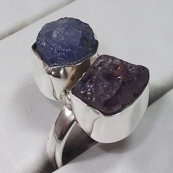 Solid silver raw uncut two stone ring